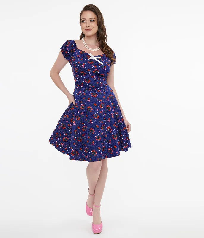 1950s Collectif Blue & Mixed Berries Print Dolores Mini Dress Stylish Short Sleeve Mini Dress