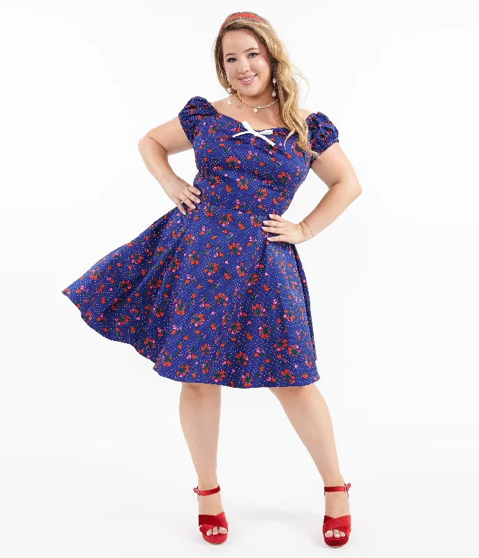 1950s Collectif Plus Size Blue & Mixed Berries Print Dolores Mini Dress Elegant Silk Mini Dress