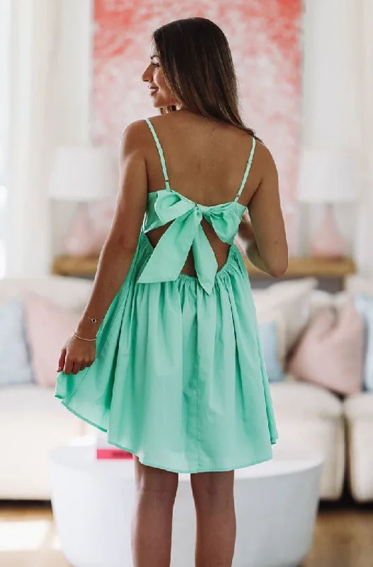 Always Adored Babydoll Mini Dress - Green Elegant Lace-Up Mini Dress