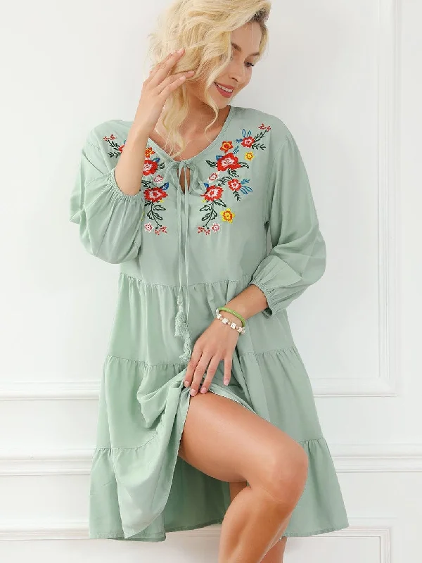 Embroidered Mini Dress with Puff Sleeves Classic Shift Mini Dress