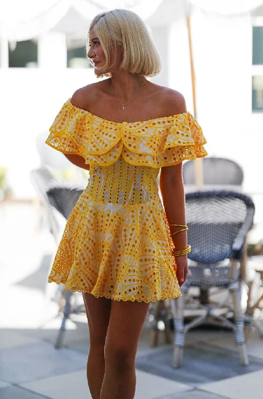 Eye in the Sky Mini Dress - Yellow and White Trendy Button-Detail Mini Dress