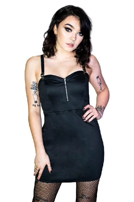 Geometric Metal Buckle Black Mini Dress - Serenity Comfortable Zip-Up Mini Dress