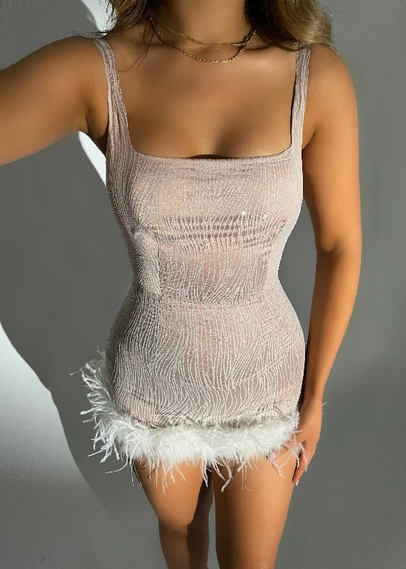 Glitz and Glamour Glitter Feather Detail Mini Dress - White Chic Mini Dress with V-Neck