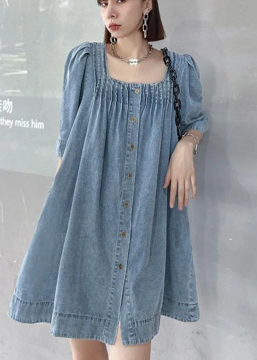 Italian Light Blue Square Collar Button Denim Summer Mini Dress Comfortable Smocked Mini Dress