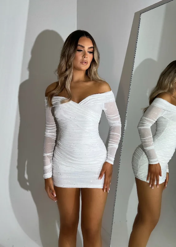 Kylie Sparkle Mesh Mini Dress - White Sparkle Fashionable Mini Dress with Frills