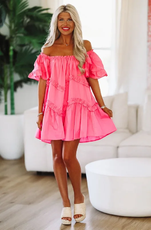 Park Picnic Babydoll Mini Dress - Fuchsia Pink Fashionable Off-Shoulder Mini Dress