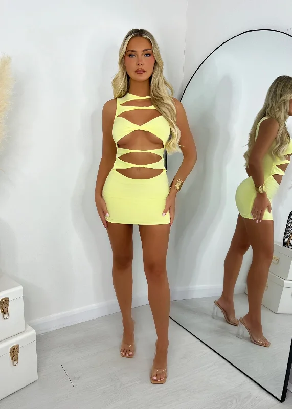 Queen Status Cut Out Mini Dress - Yellow Cozy Ruched Mini Dress