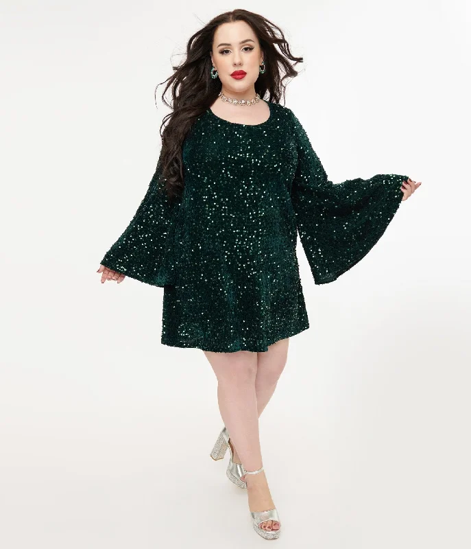 Smak Parlour Plus Size 1960s Green Sequin Downtown Scene Mini Dress Elegant Lace-Up Mini Dress