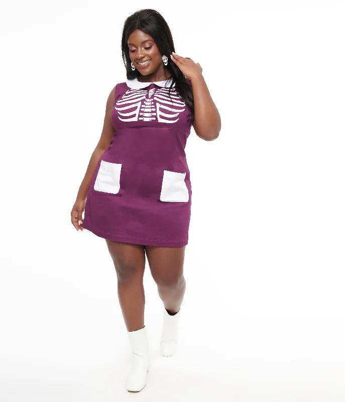 Smak Parlour Plus Size 1960s Purple & White Skeleton Power Mini Dress Chic Bohemian Mini Dress