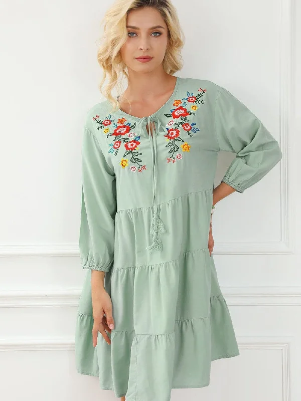 Tiered Mini Dress with Floral Embroidery and Puff Sleeves Comfortable Smocked Mini Dress