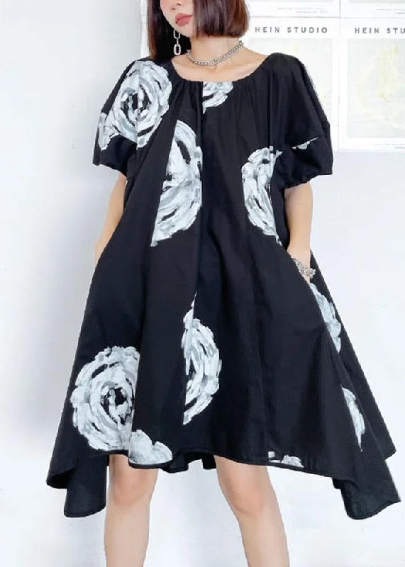 Unique Black Print O neck Cotton Puff Sleeve Mini Dress summer Elegant Mini Dress with Ruffles