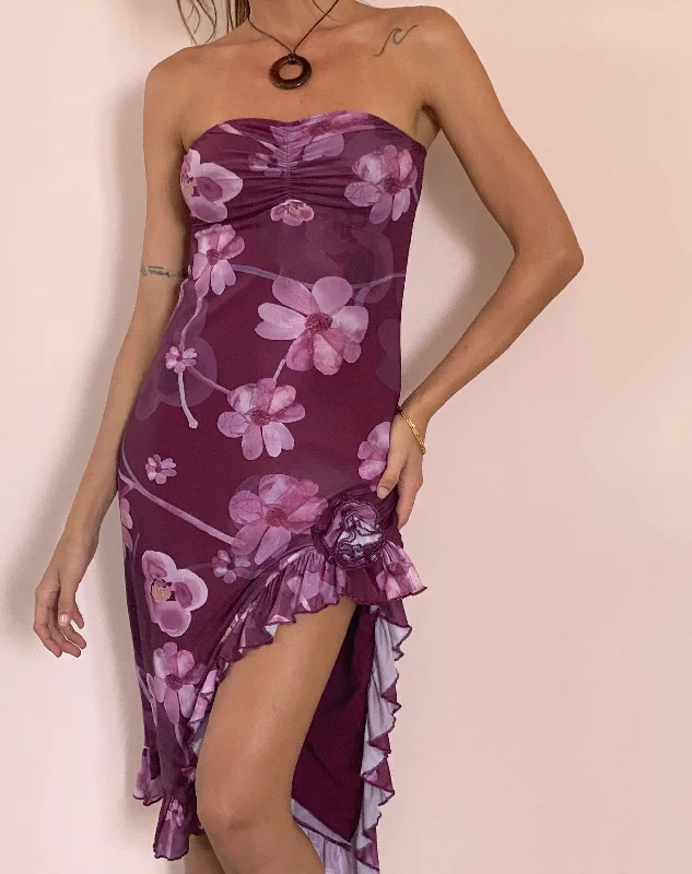 Weti Bandeau Mini Dress with Waterfall Hem in Watercolour Floral Berry Trendy Bodycon Mini Dress