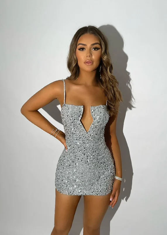 Wild Intentions Sparkle Mini Dress - Silver Cozy Jersey Mini Dress