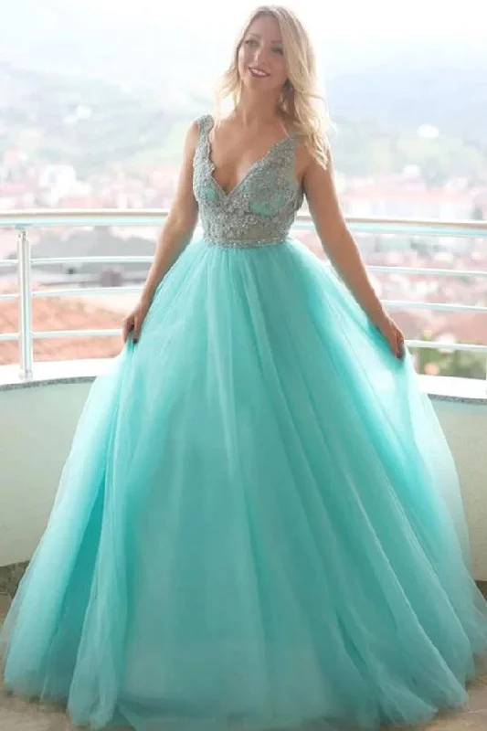 Alondra | A-line V neck Tulle Lace Long Prom Dress Evening Dress Tunics Custom made