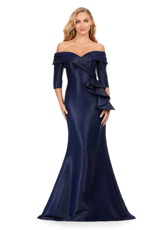 Ashley Lauren 11324 Phantom Satin Off The Shoulder Ruffle Detailing Mermaid Fitted Silhouette Evening Dress Long Prom Pageant Tunics Mesh breathable