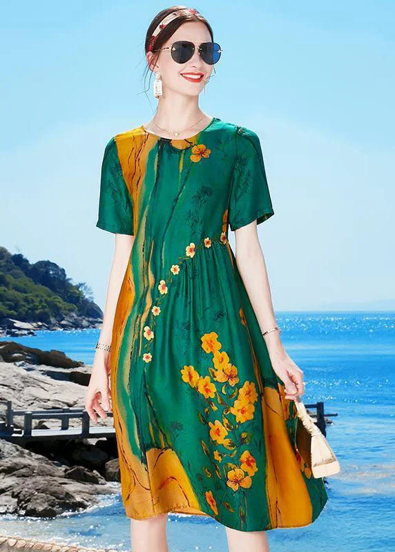 Beautiful Green O-Neck Wrinkled Print Draping Silk Party Dress Short Sleeve Tunics Mesh breathable