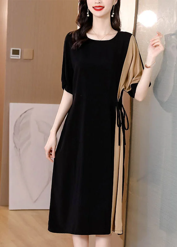 Black Patchwork Chiffon Party Dress Tie Waist Pockets Short Sleeve Tunics Office stylish