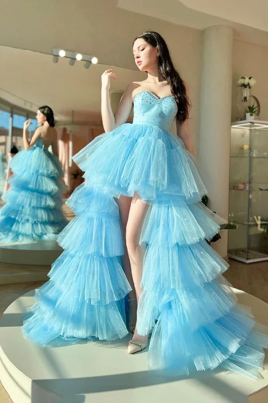 Aleena | Blue Sweetheart Neck Tulle Long Prom Dress, Beautiful A-Line High Low Party Dress Tunics Essential wardrobe