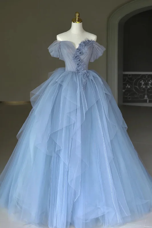 Kyra | Blue Tulle Floor Length Prom Dress, Off the Shoulder Evening Dress with 3D Flowers Tunics Versatile stylish