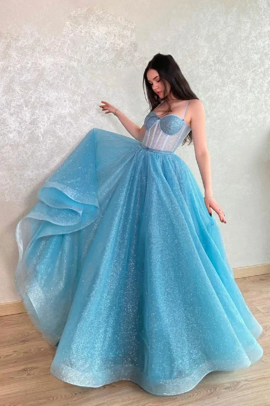 Mavis | Blue Tulle Long A-Line Prom Dress, Blue Lace-Up Evening Dress with Corset Tunics Vintage classic