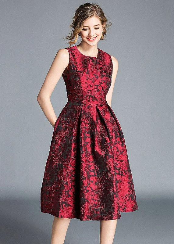 Boutique Red Jacquard Wrinkled Patchwork Silk Party Dress Sleeveless Off-the-shoulder Chic Trendy