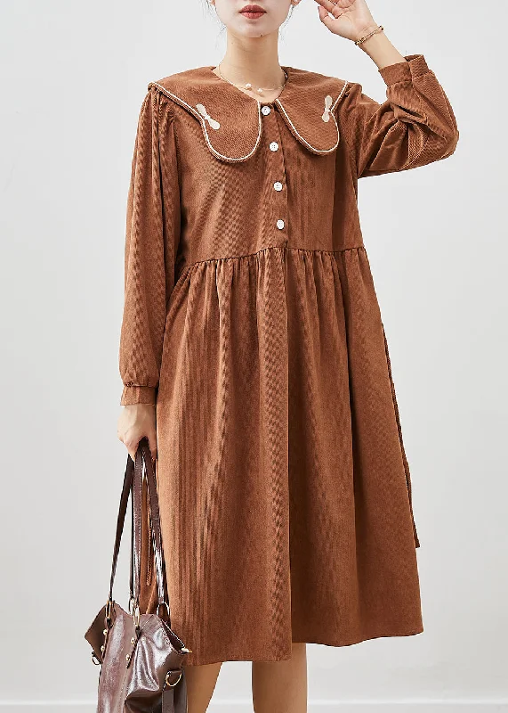 Casual Chocolate Oversized Butterfly Collar Corduroy Party Dress Fall Tunics Lace romantic