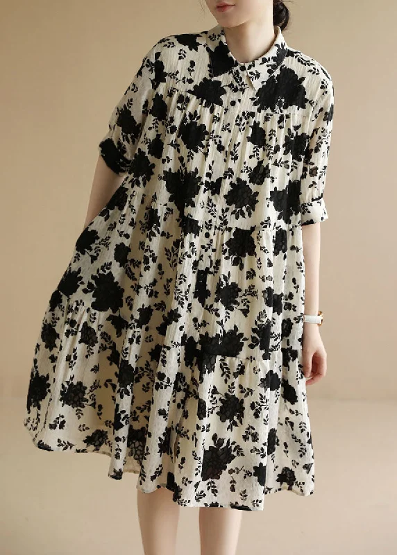 Classy Beige Peter Pan Collar Wrinkled Black Floral Party Dress Short Sleeve Tunics Corduroy durable