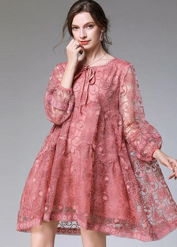 Classy Pink Fashion Spring Lace Party Dress Long Sleeve Glittery Long Formal