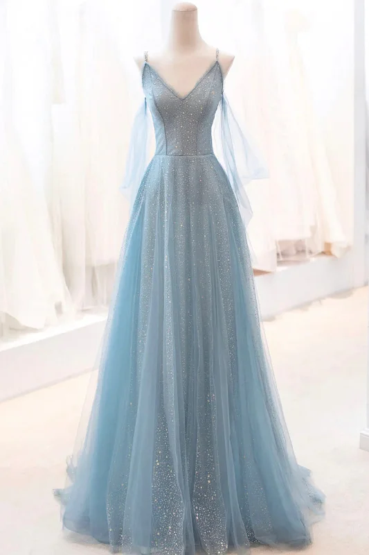 Kathryn | Dusty Blue Sparkly Tulle Long Prom Dress, A-Line Spaghetti Strap Evening Dress Tunics Occasion special