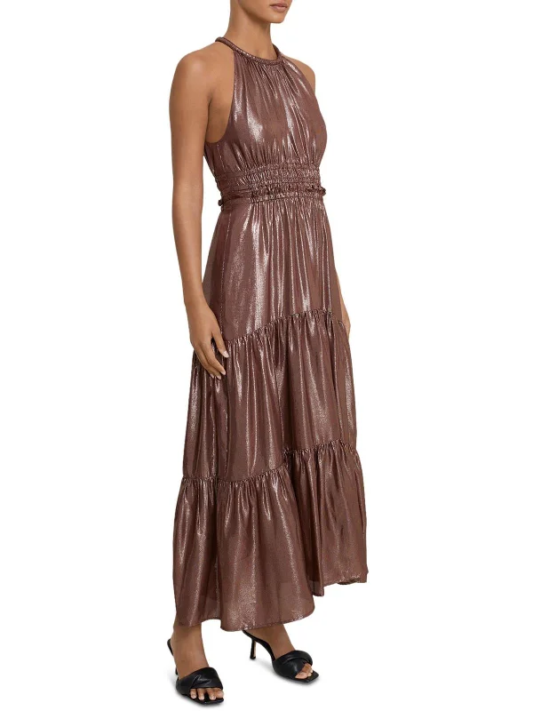 Elara Womens Metallic Halter Cocktail and Party Dress Boat Neckline Classic