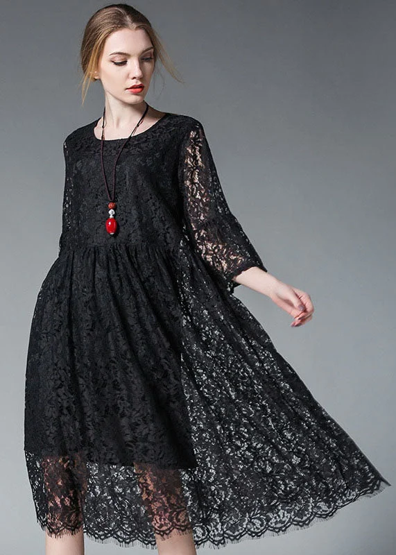 Elegant Black O-Neck Hollow Out Lace Party Dress Flare Sleeve Tunics Yoga stretchy