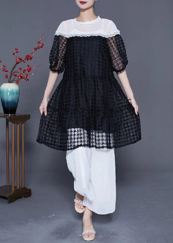 French Black Hollow Out Patchwork Tulle Party Dress Summer Tunics Ceremony elegant