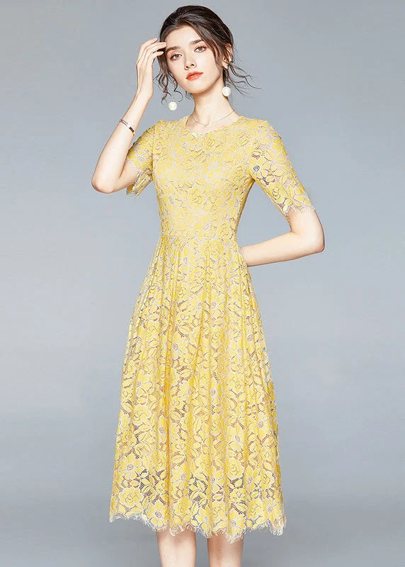 French Yellow Zip Up Slim Fit Lace Party Dress Short Sleeve Tunics Evening elegant