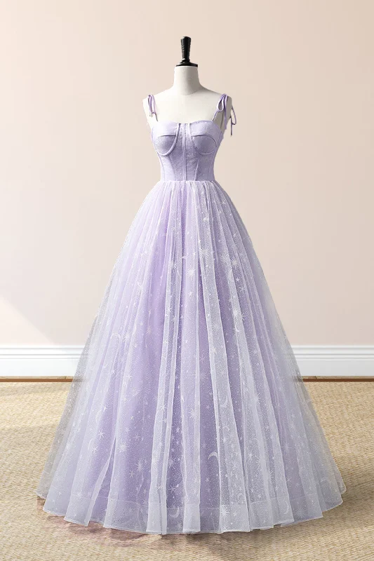 Janelle | Lavender Tulle Straps Floor Length Evening Dress, Lavender A-Line Prom Dress Tunics Ceremony elegant