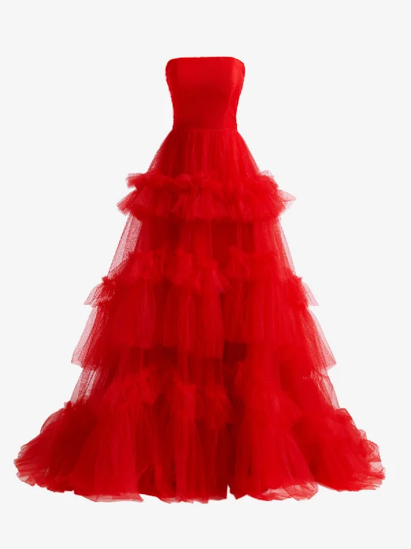 Matilda |Red A-Line Strapless Ruffled Tulle Evening Dress Shift Classic Vintage