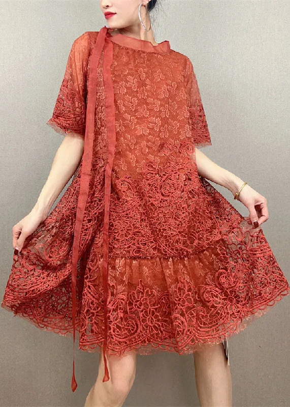 Orange Patchwork Tulle Party Dress Embroideried Summer Crew Neckline Casual