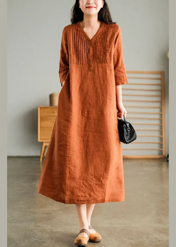 Organic Orange V Neck wrinkled Linen Party Dress Half Sleeve Tunics Modern contemporary