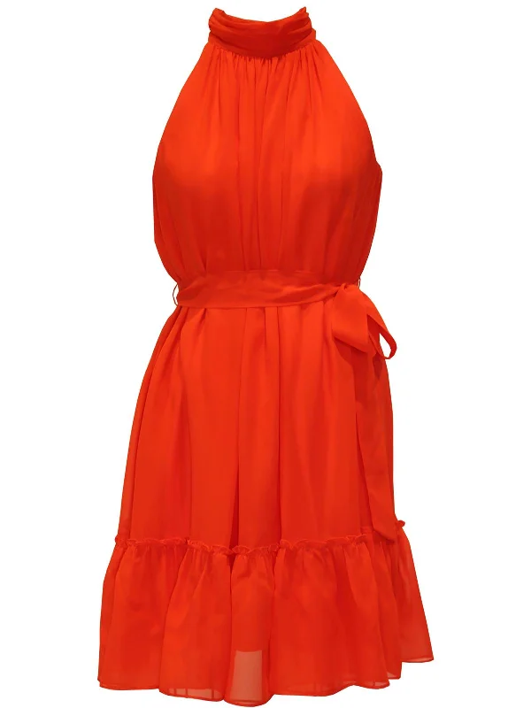 Petites Womens Chiffon Ruffled Cocktail and Party Dress Crew Neckline Sporty