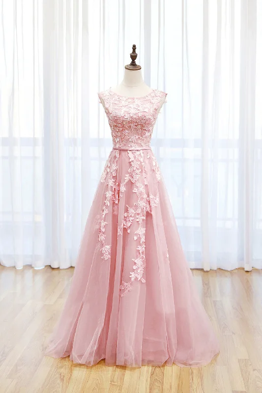 Irene | Pink Tulle Lace Long Prom Dress, Lovely A-Line Open Back Evening Dress Off-the-shoulder Bohemian Festive