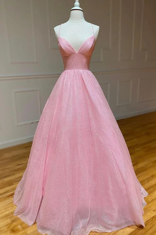 Elodie | Pink Tulle Long Backless Prom Dress A-Line V Neck Party Dress High-Low Hemline Casual