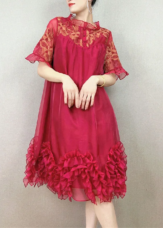 Red Patchwork Tulle Party Dress Embroideried Ruffled Summer Cowl Neckline Elegant