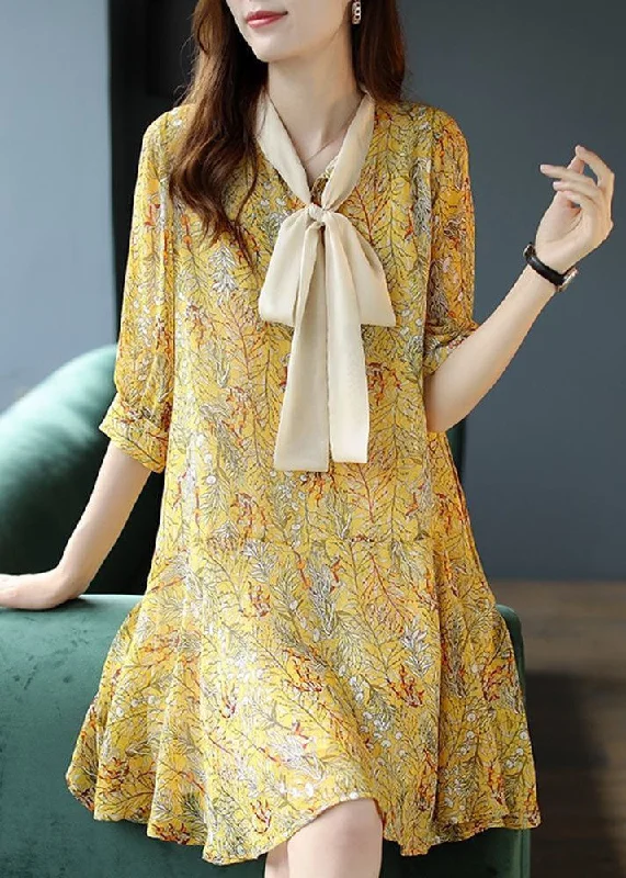 Women Yellow Lace Up Patchwork Print Chiffon Party Dress Summer Chiffon Maxi Beach