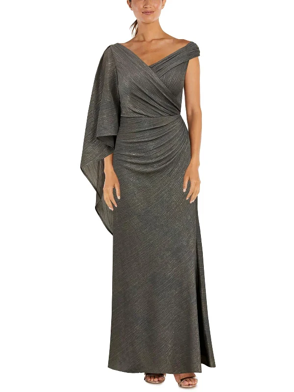 Womens Drapey Metallic Evening Dress Turtleneck Neckline Stylish