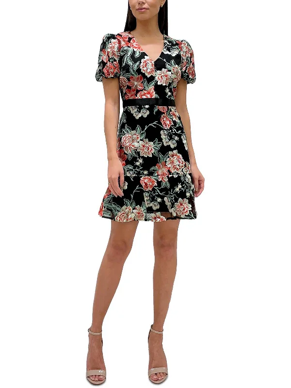 Womens Embroidered Flowers Puff Sleeves Cocktail and Party Dress Tunics Seasonal trendy