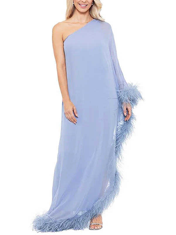 Womens Feather Trim One Shoulder Evening Dress Tunics Chic fashionable