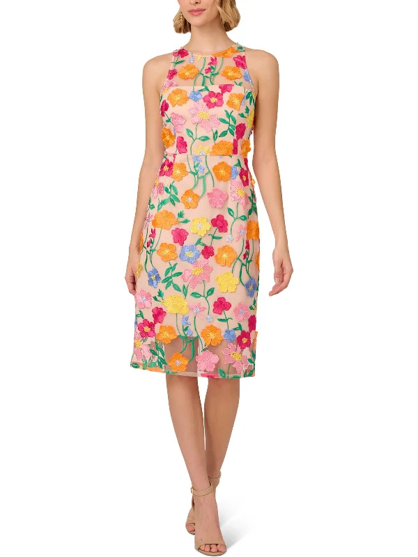 Womens Floral Embroidered Cocktail And Party Dress Crew Neckline Sporty