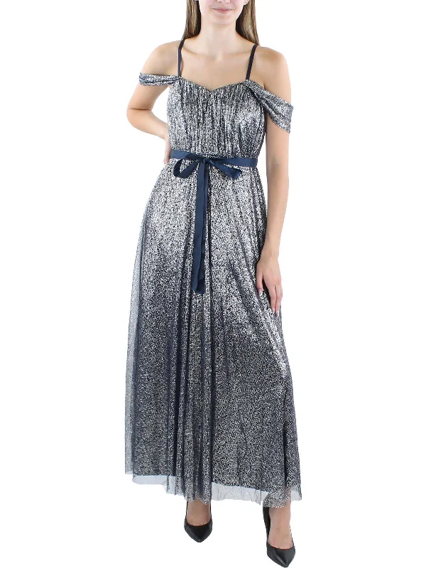 Womens Metallic Off-The-Shoulder Evening Dress Satin Halter Glamorous