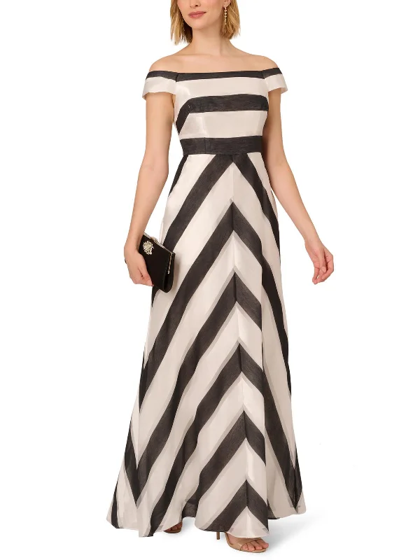 Womens Striped Off-The-Shoulder Evening Dress Boatneck Modish Everyday