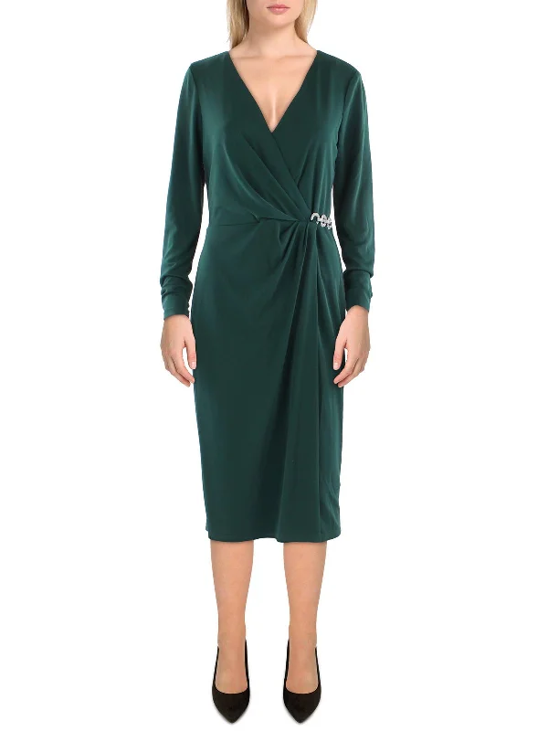 Womens Surplice Midi Cocktail and Party Dress Square Neckline Feminine