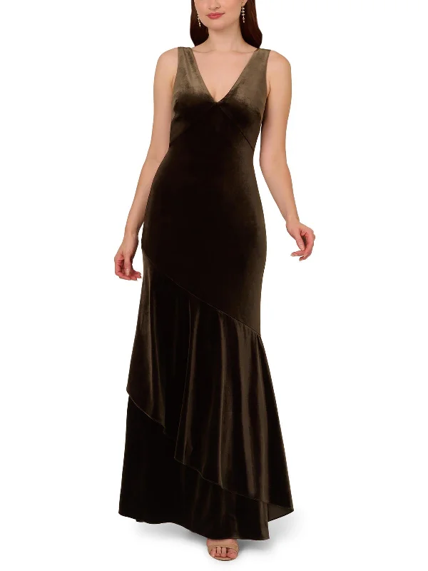 Womens Velvet Flounce Hem Evening Dress Cowl Neckline Elegant